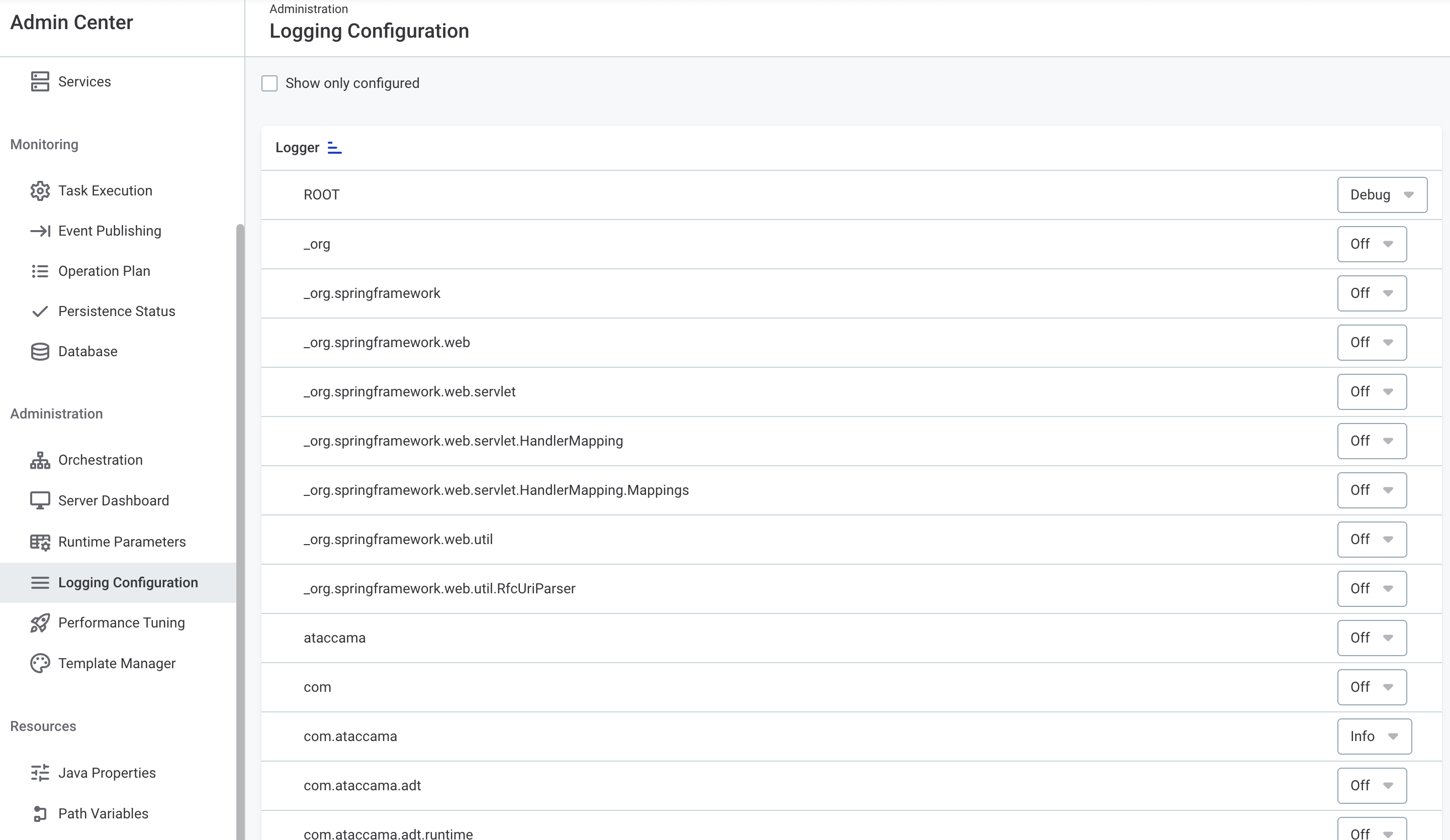 Logging configuration tab