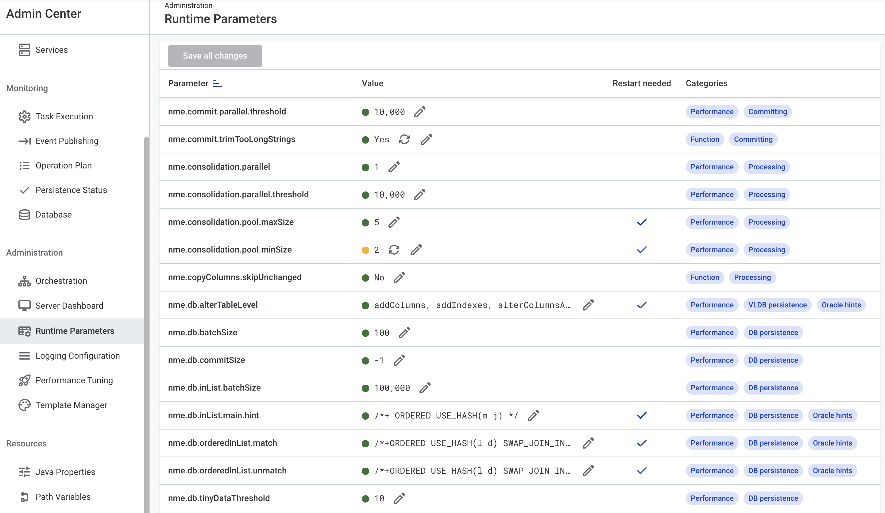 Runtime parameters tab