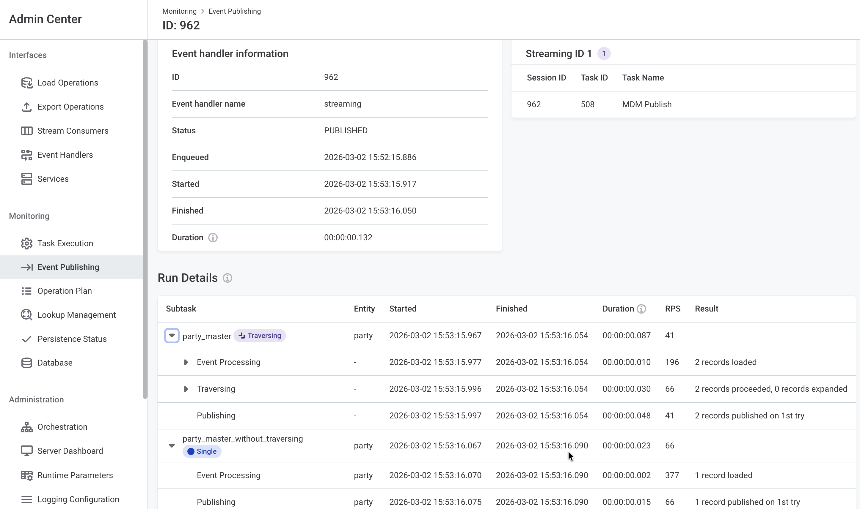 Streaming event handler monitoring in MDM Web App Admin Center