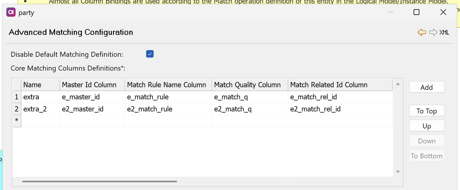 Advanced matching configuration - Default matching definition turned off