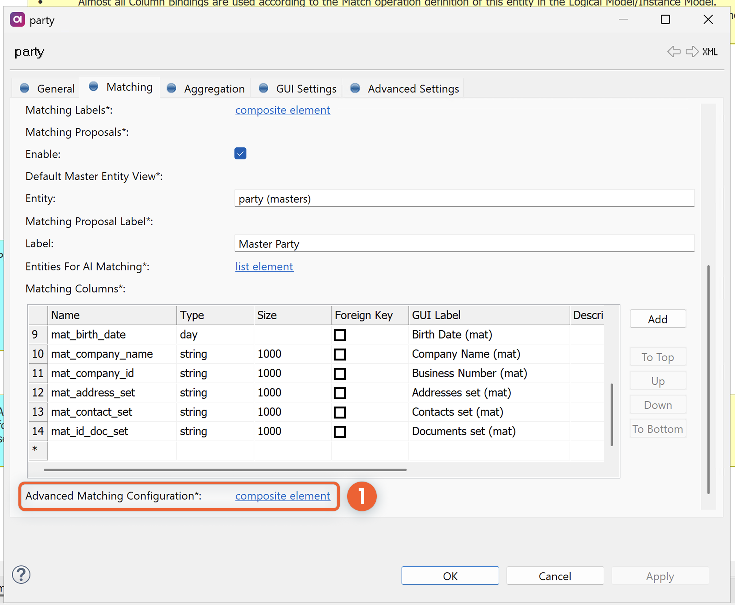 Enable advanced matching on entity