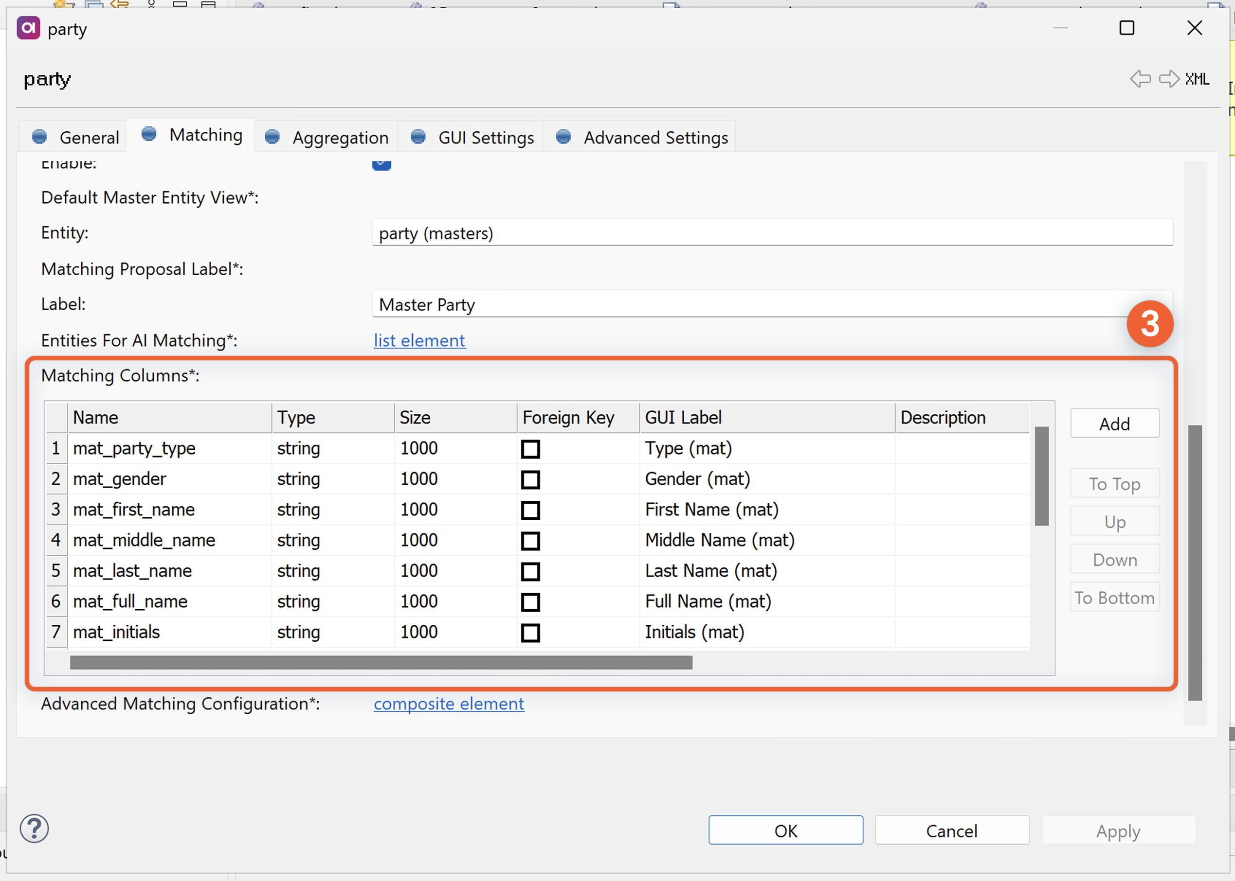 Instance entity Matching tab - Matching columns