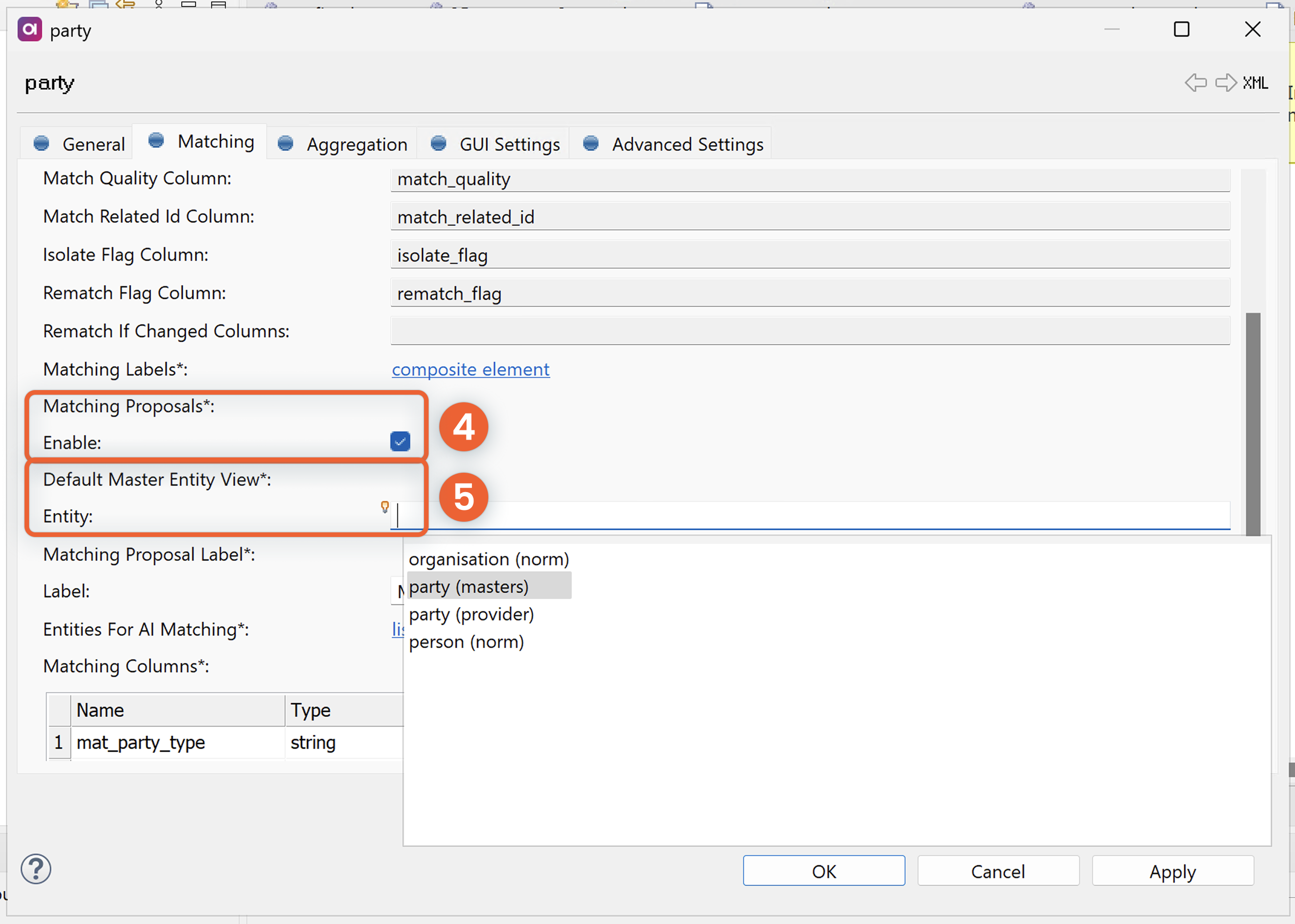 Instance entity Matching tab - Enable matching proposals