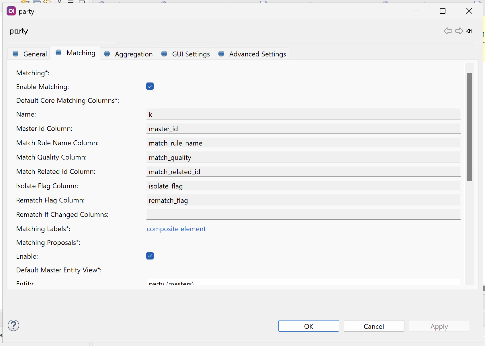Instance entity Matching tab
