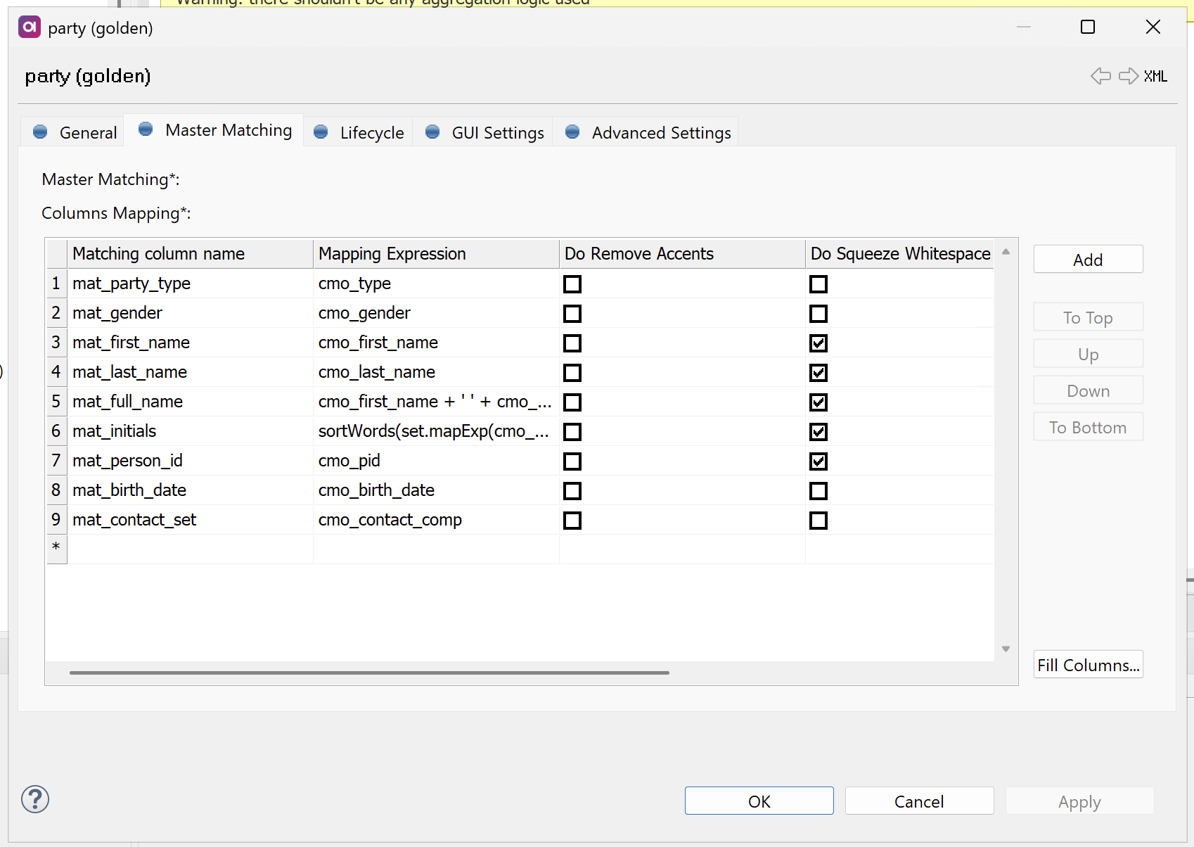 Master entity Master Matching tab - Map columns