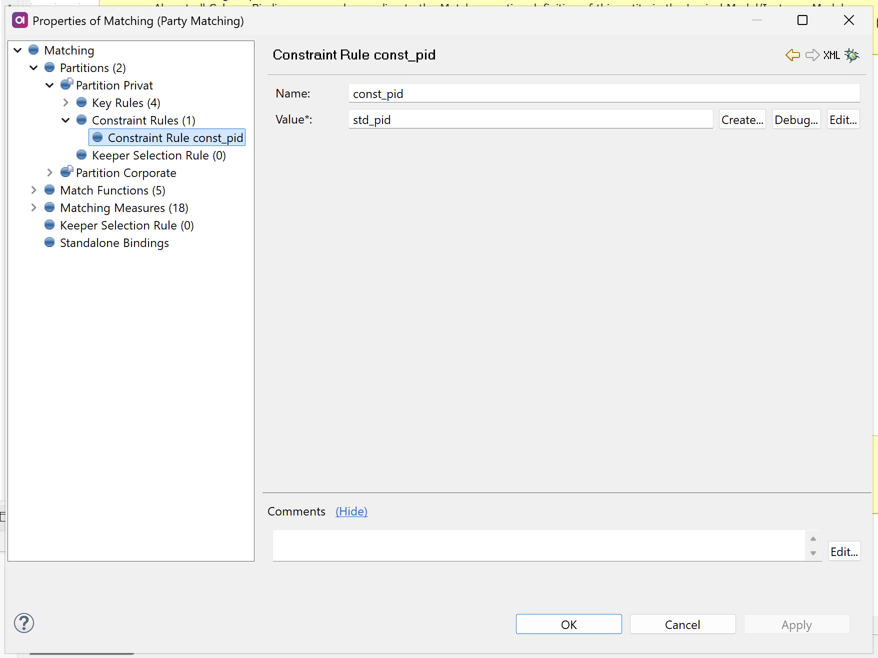 Matching step properties - Configure constraint rules