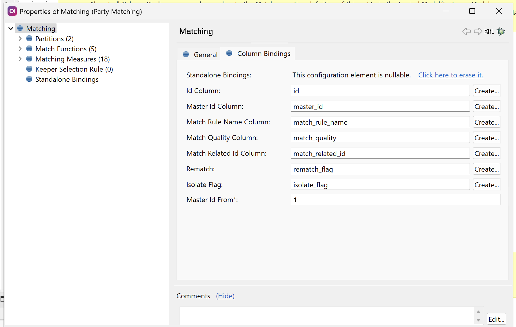 Matching step properties - Configure column bindings