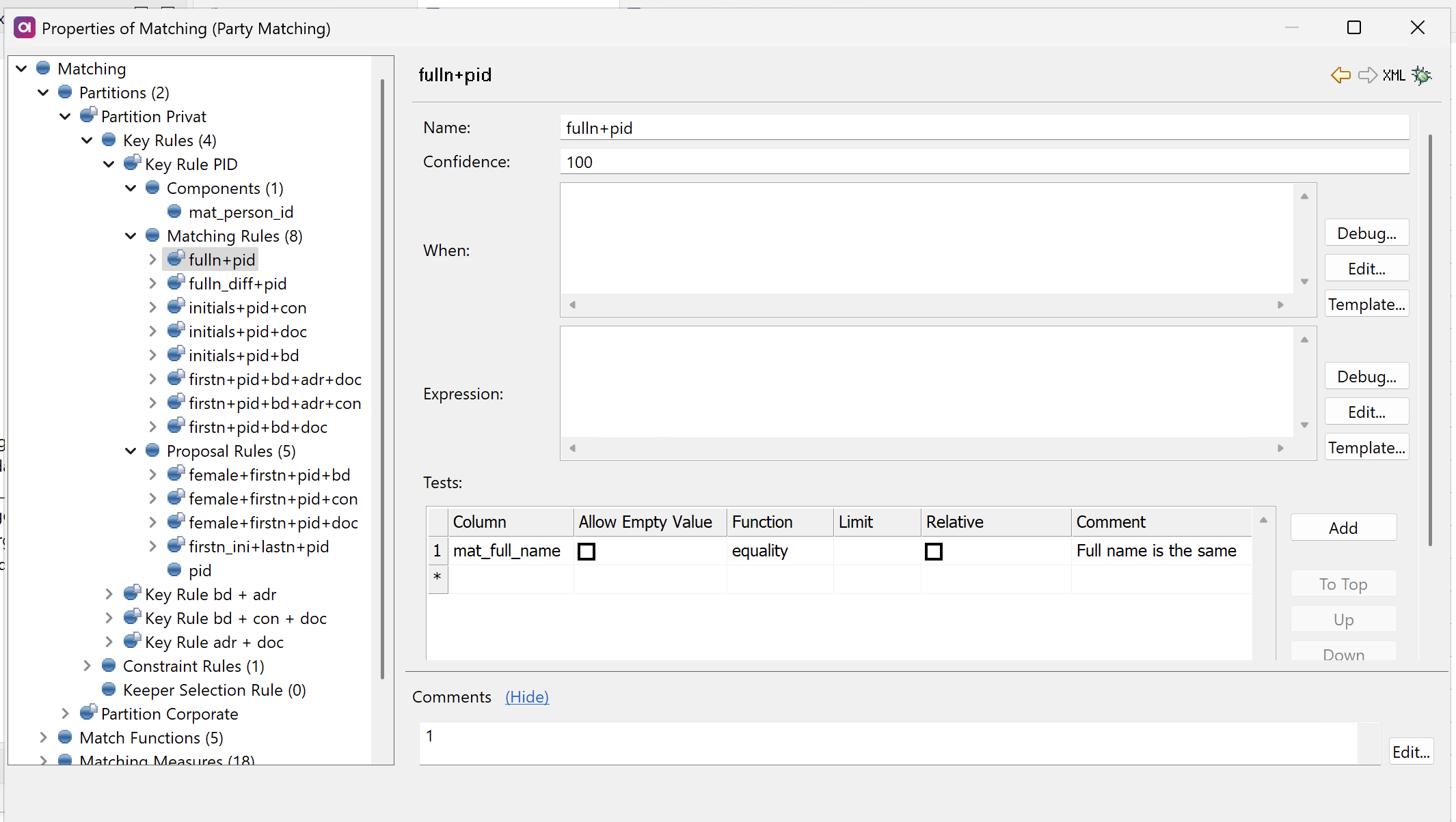 Matching step properties - Configure matching rules
