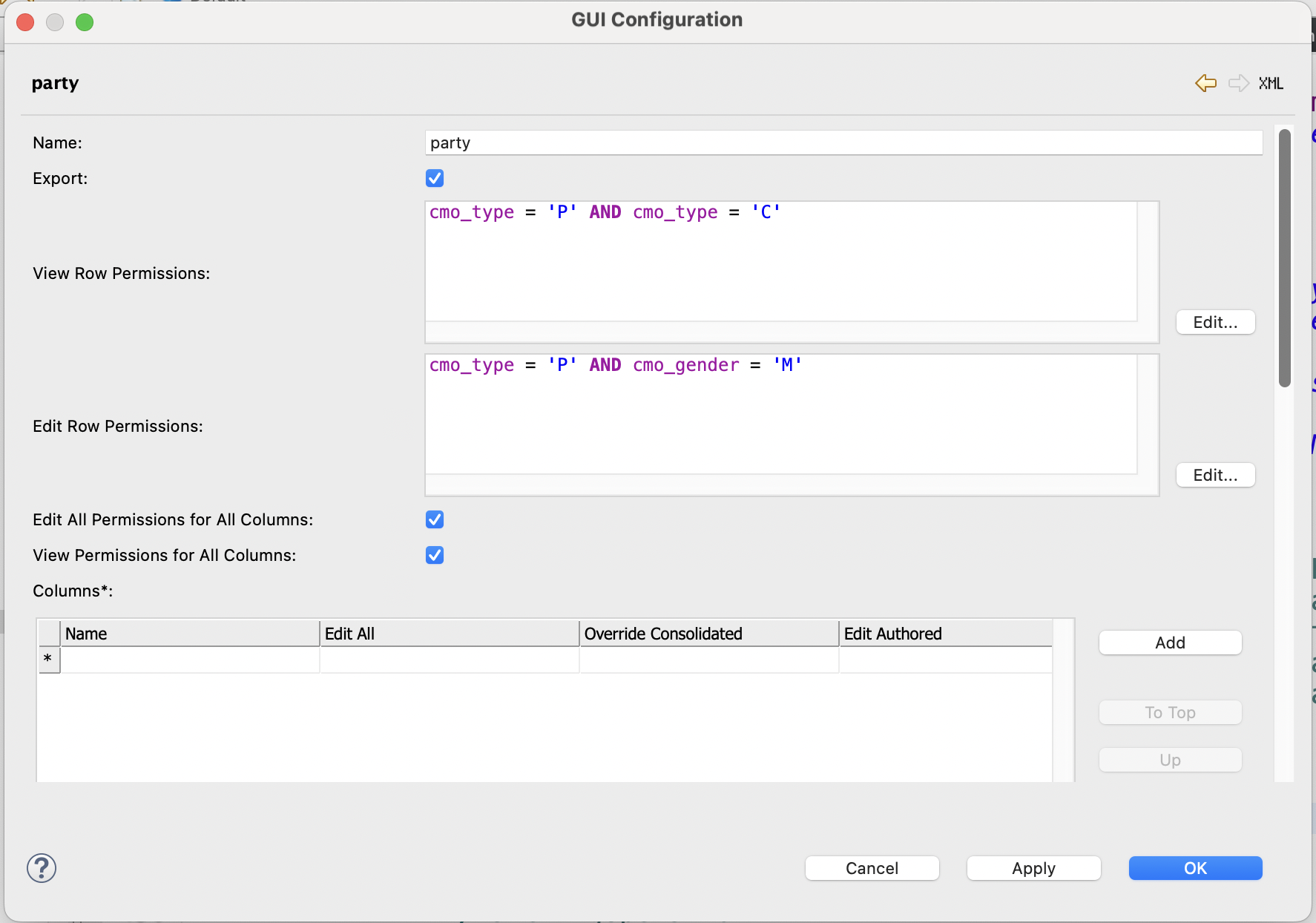 Master Layer entity permissions tab