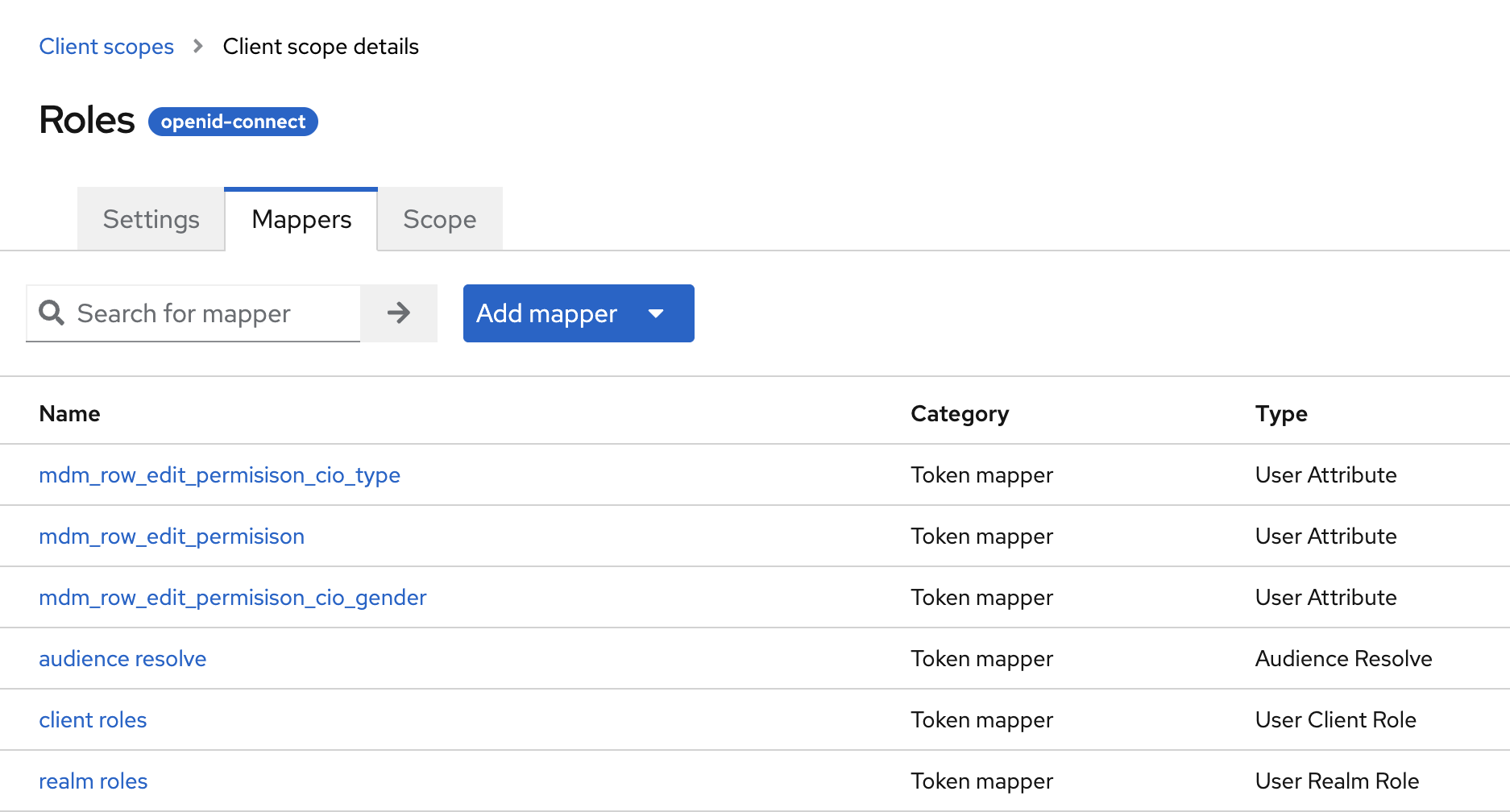 Keycloak client scopes mapper tab