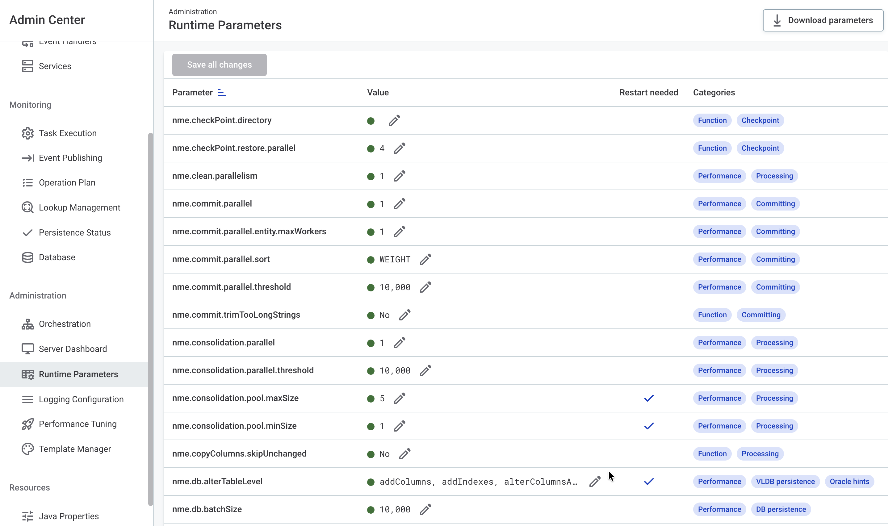 Runtime parameters tab