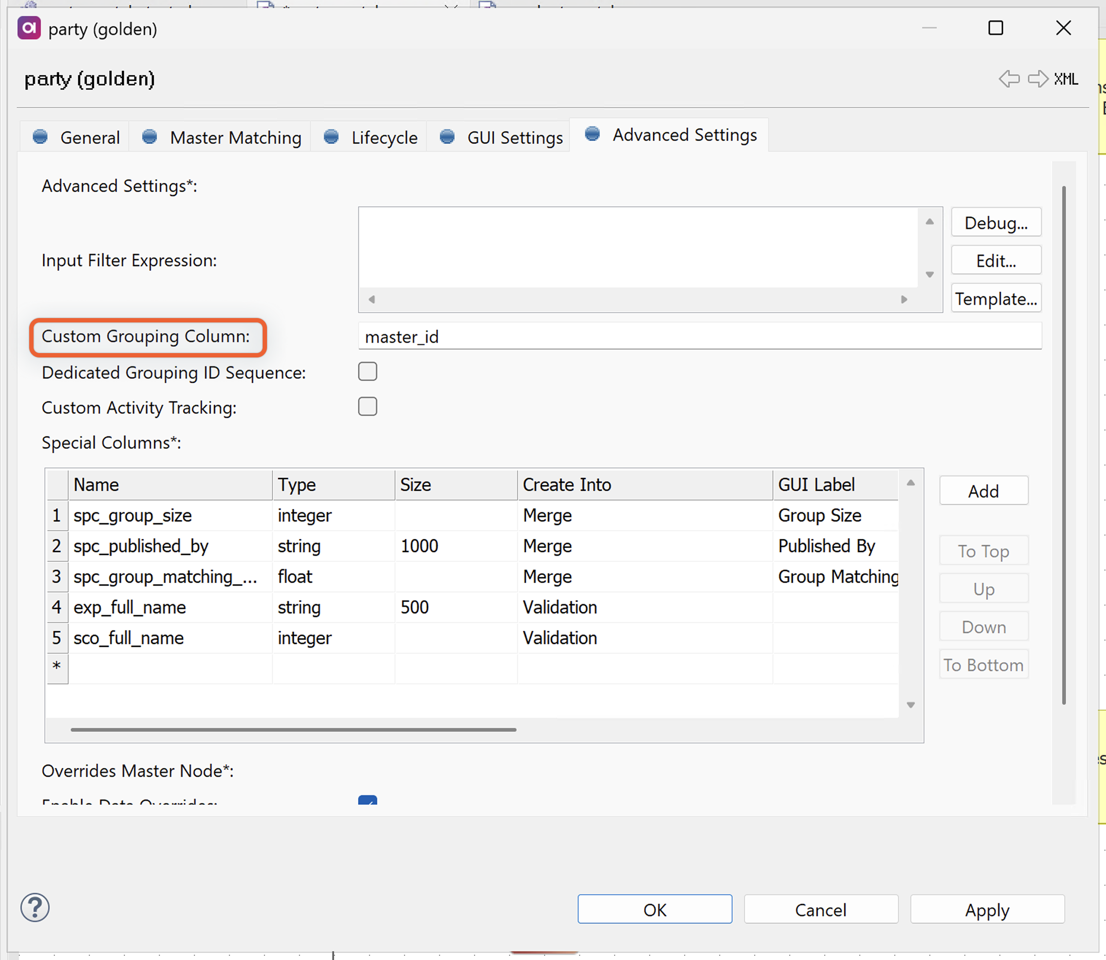 Golden entity Advanced Settings - Configure Custom Grouping Column