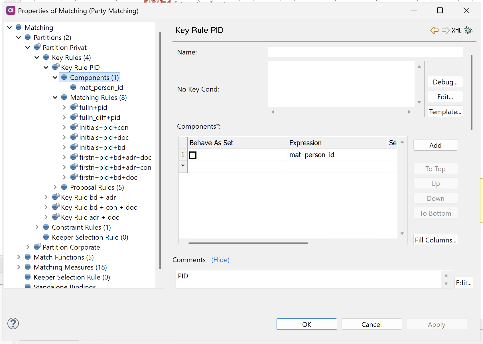 Matching step properties - Configure key rules
