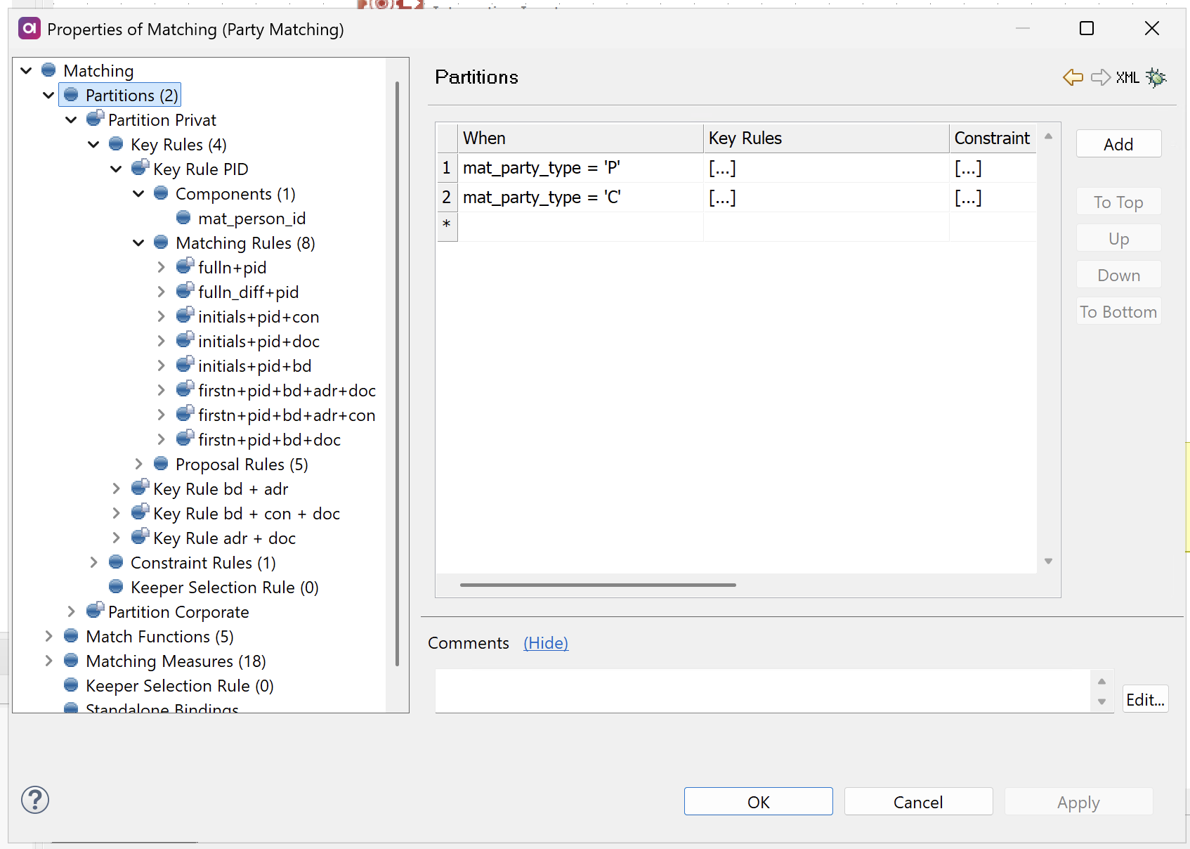 Matching step properties - Configure partitions
