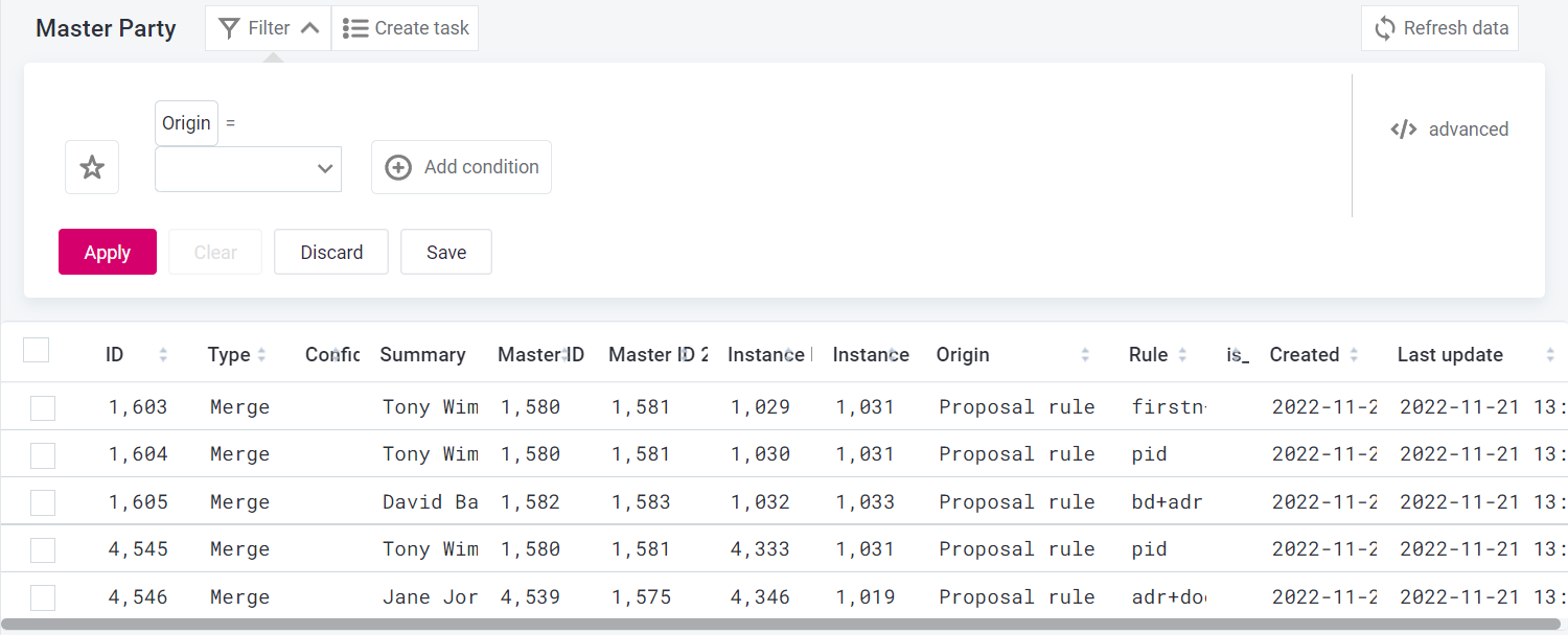 Filter option in matching proposals listing