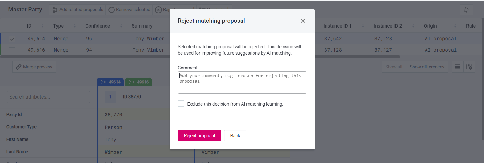 Reject matching proposal window