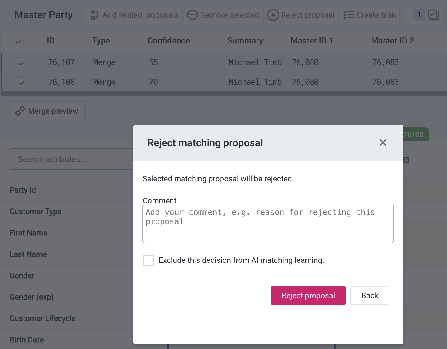 Reject matching proposal window