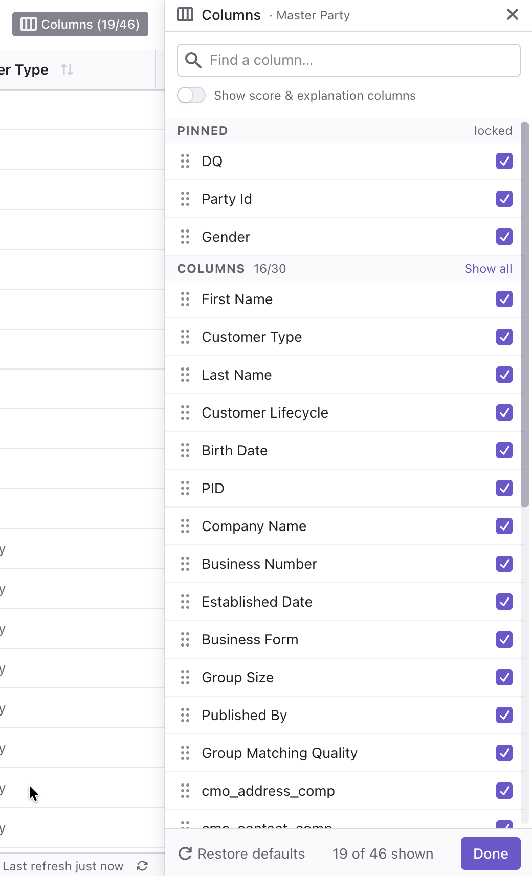 Columns dialog