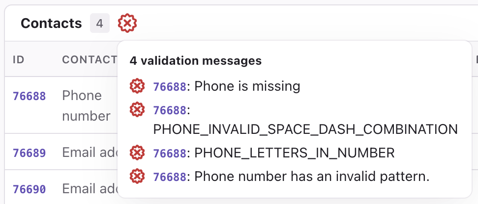 Validation message on hover