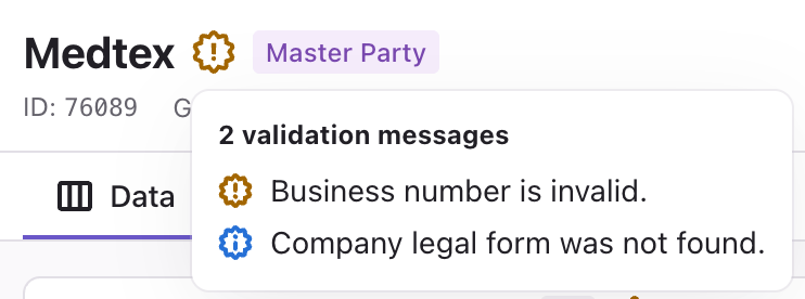 Data quality indicators in the record detail