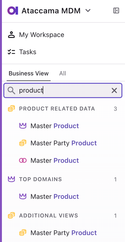 Navigation panel filtered by entity name