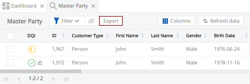 Export button in entity detail