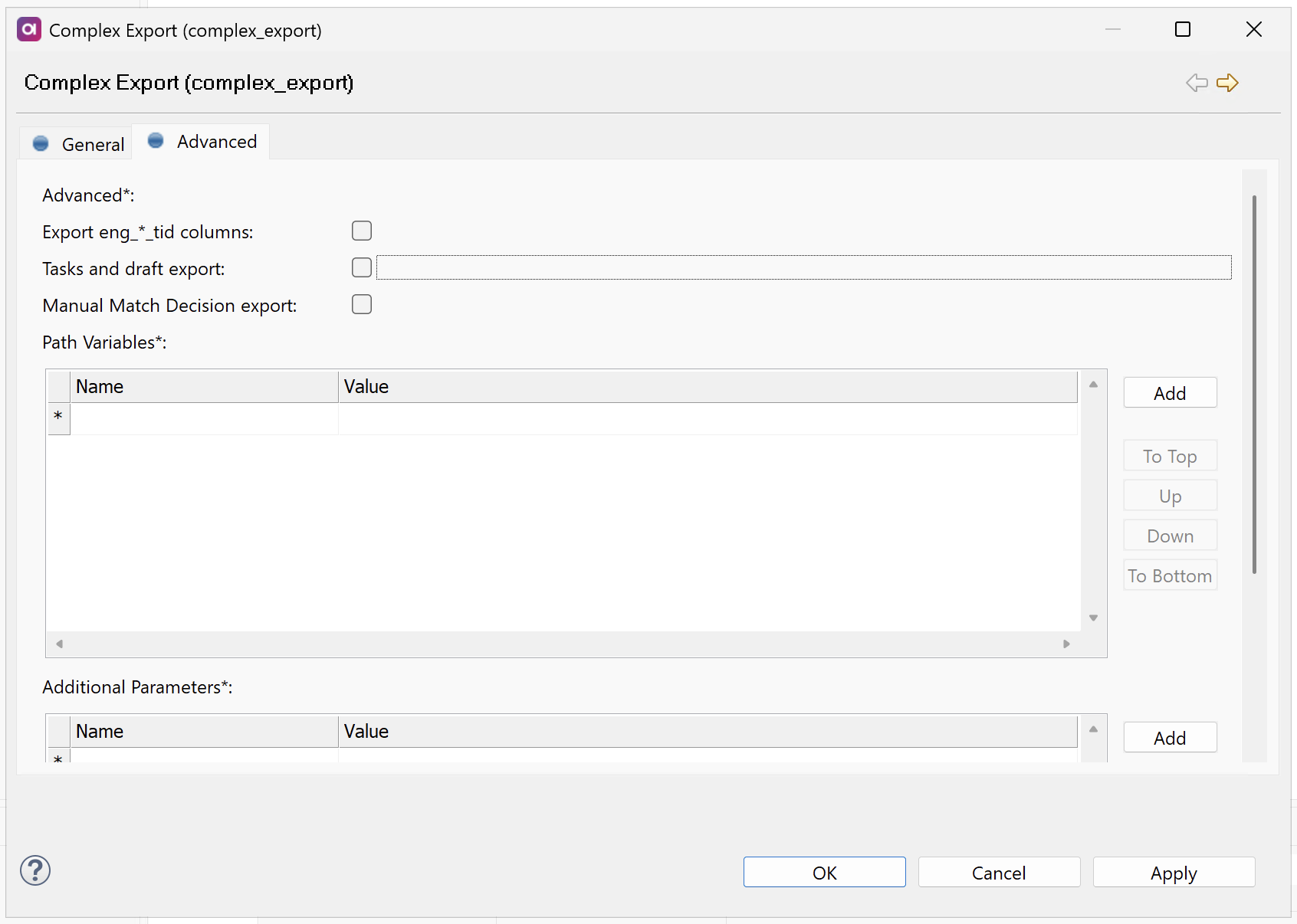 Complex export advanced tab