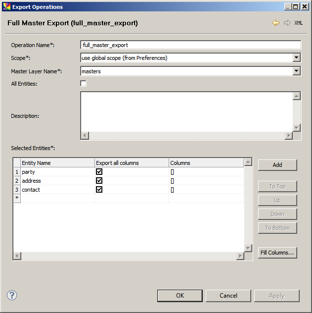 Full master export configuration settings
