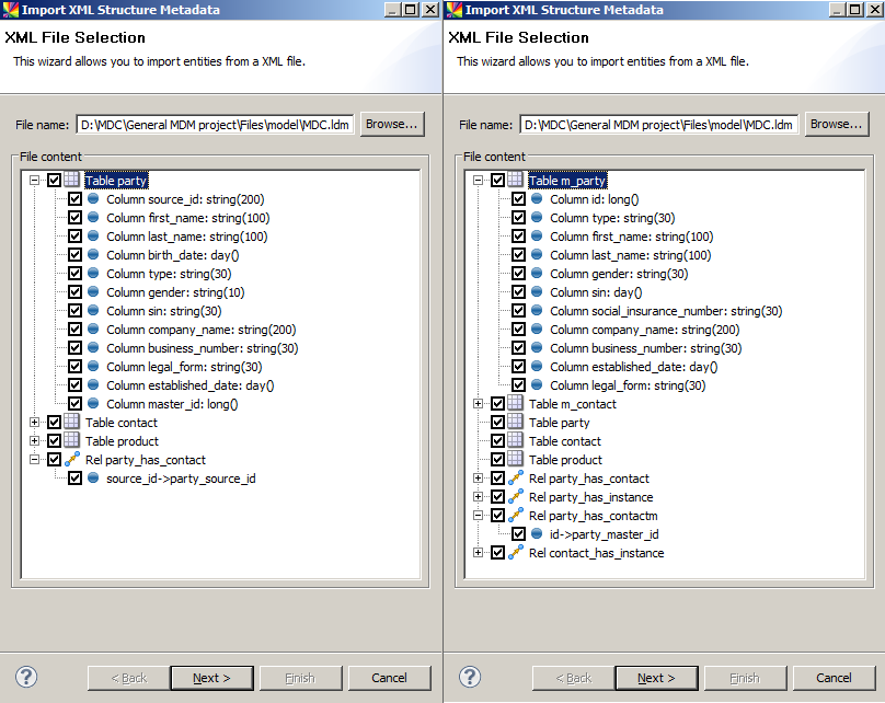 Instance and master data layer import selection dialog