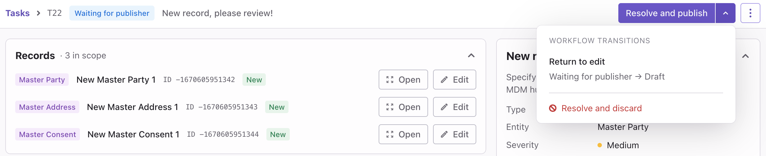 Workflow transitions in the task toolbar