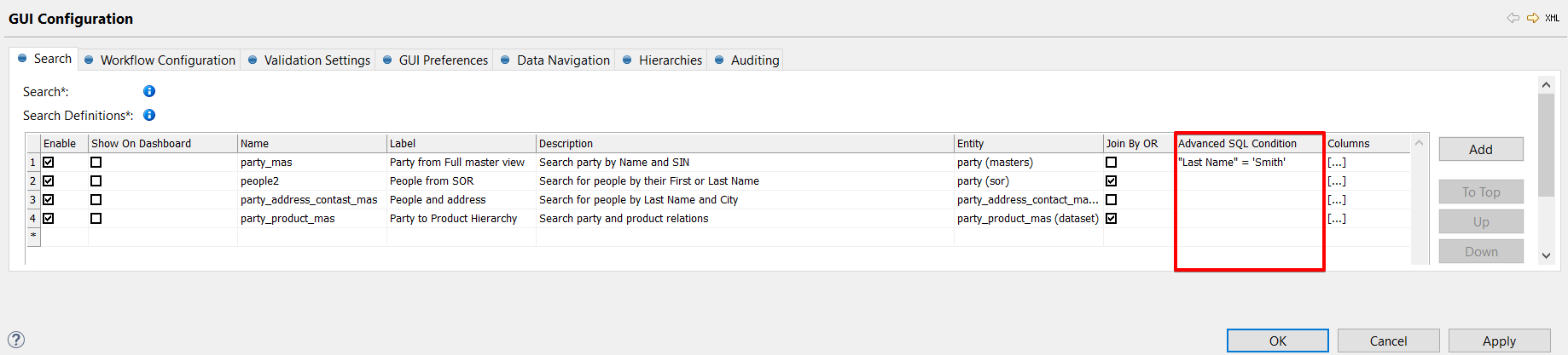 Search tab Advanced SQL Conditions column