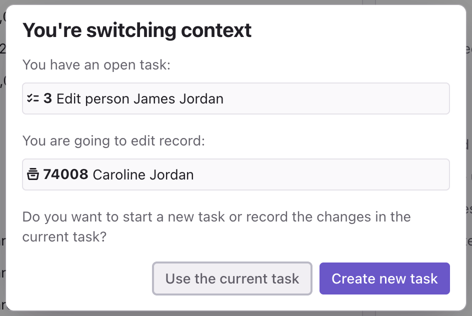 Prompt to use the active task or save to another one