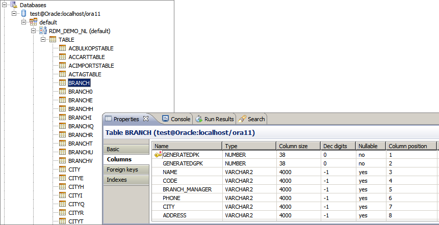 Table properties in the Status panel