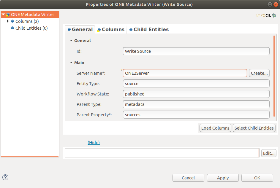 Metadata Writer configuration - Source General tab