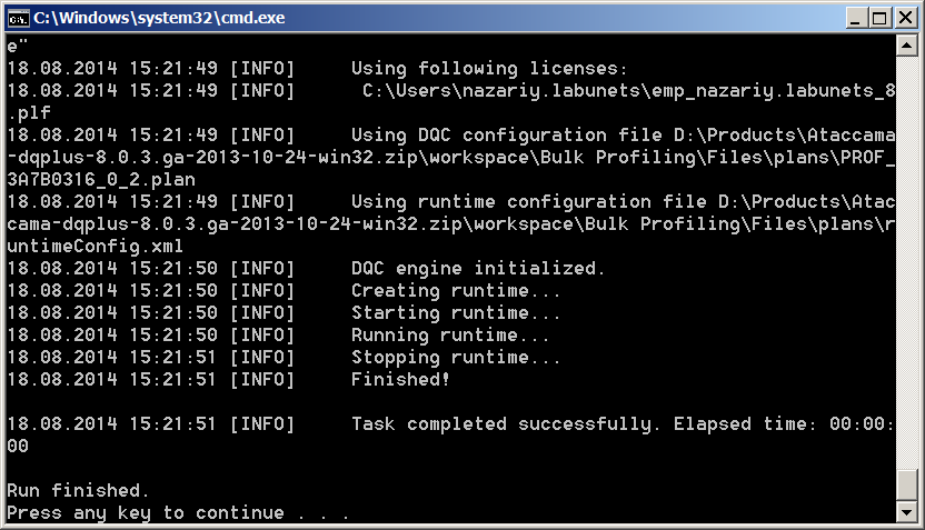 Profiling run - console output