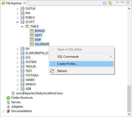 Select several database tables to profile