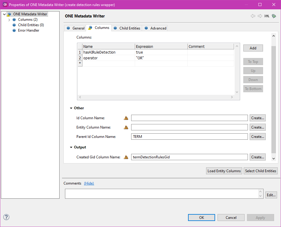 Configure ONE Metadata Writer wrappers - columns