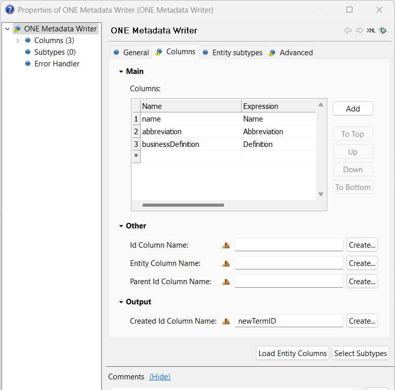 Configure ONE Metadata Writer - Columns