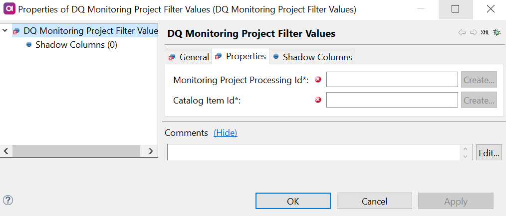 DQ Monitoring Project Filter Values - Properties