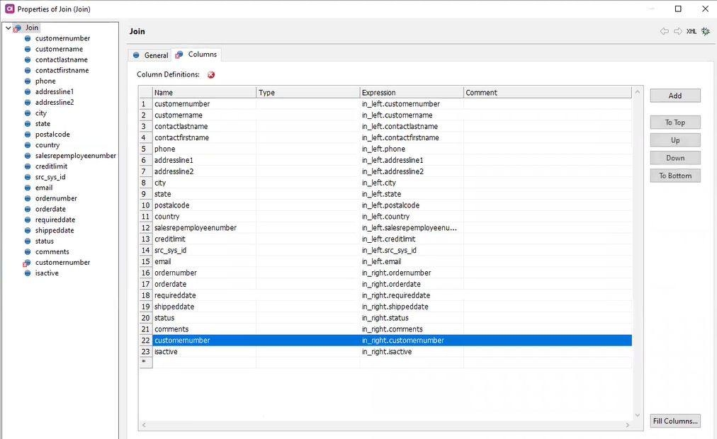 The Join step - Columns tab