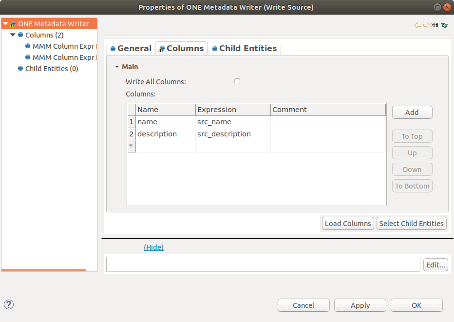 Metadata Writer configuration - Source Columns tab