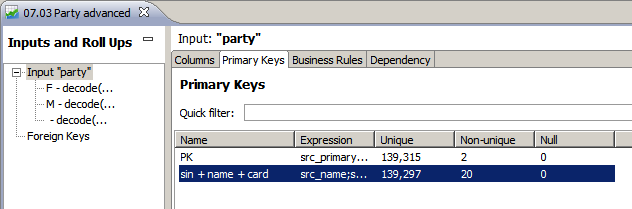 Primary keys tab