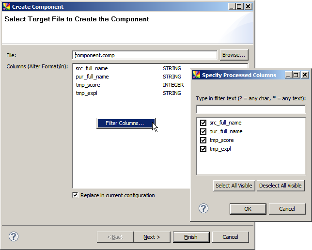 Configure component name and select columns