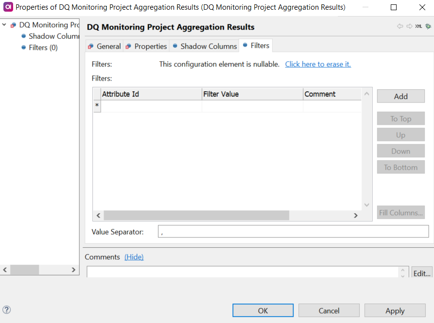 DQ Monitoring Project Aggregation Results - Filters