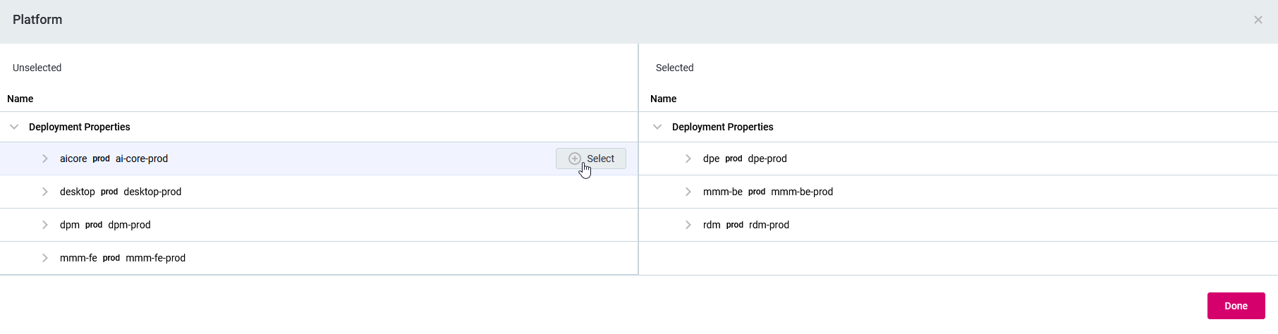 platform configuration properties selection