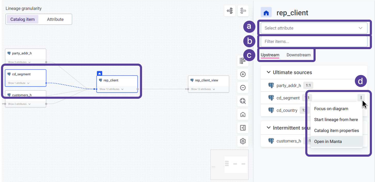 Lineage diagram property panel