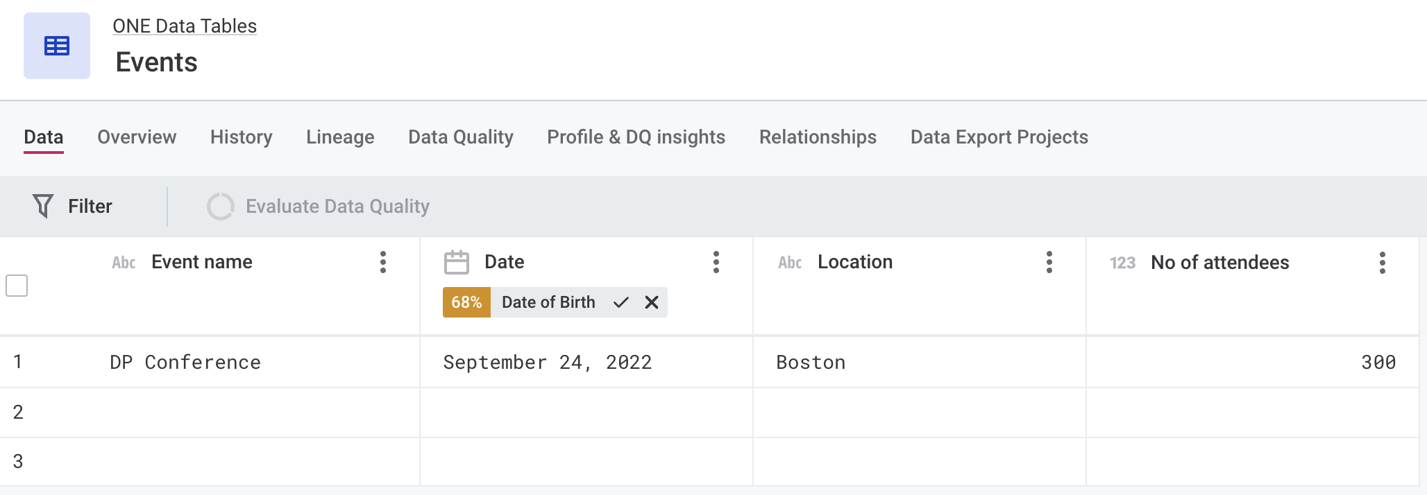 Create ONE Data table