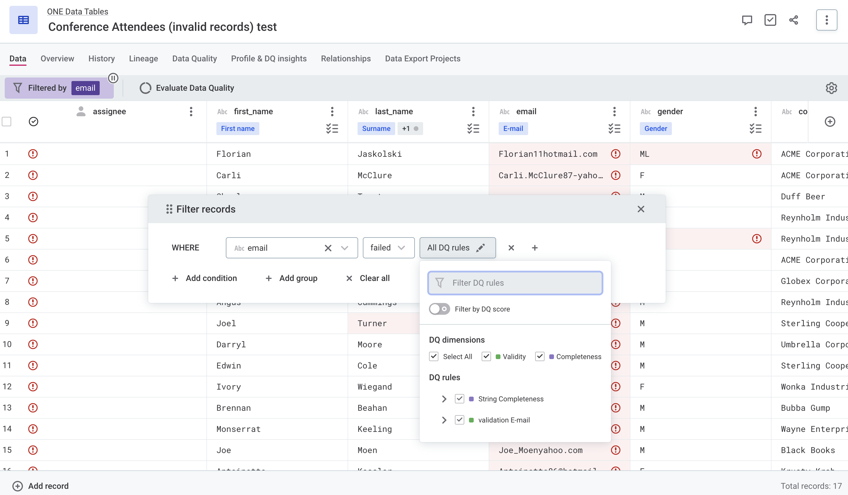 Filter by DQ results for term email