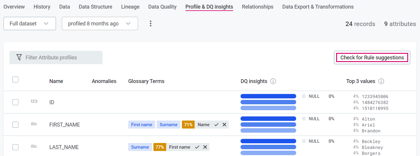 Check for Rule suggestions in the Profile & DQ insights tab