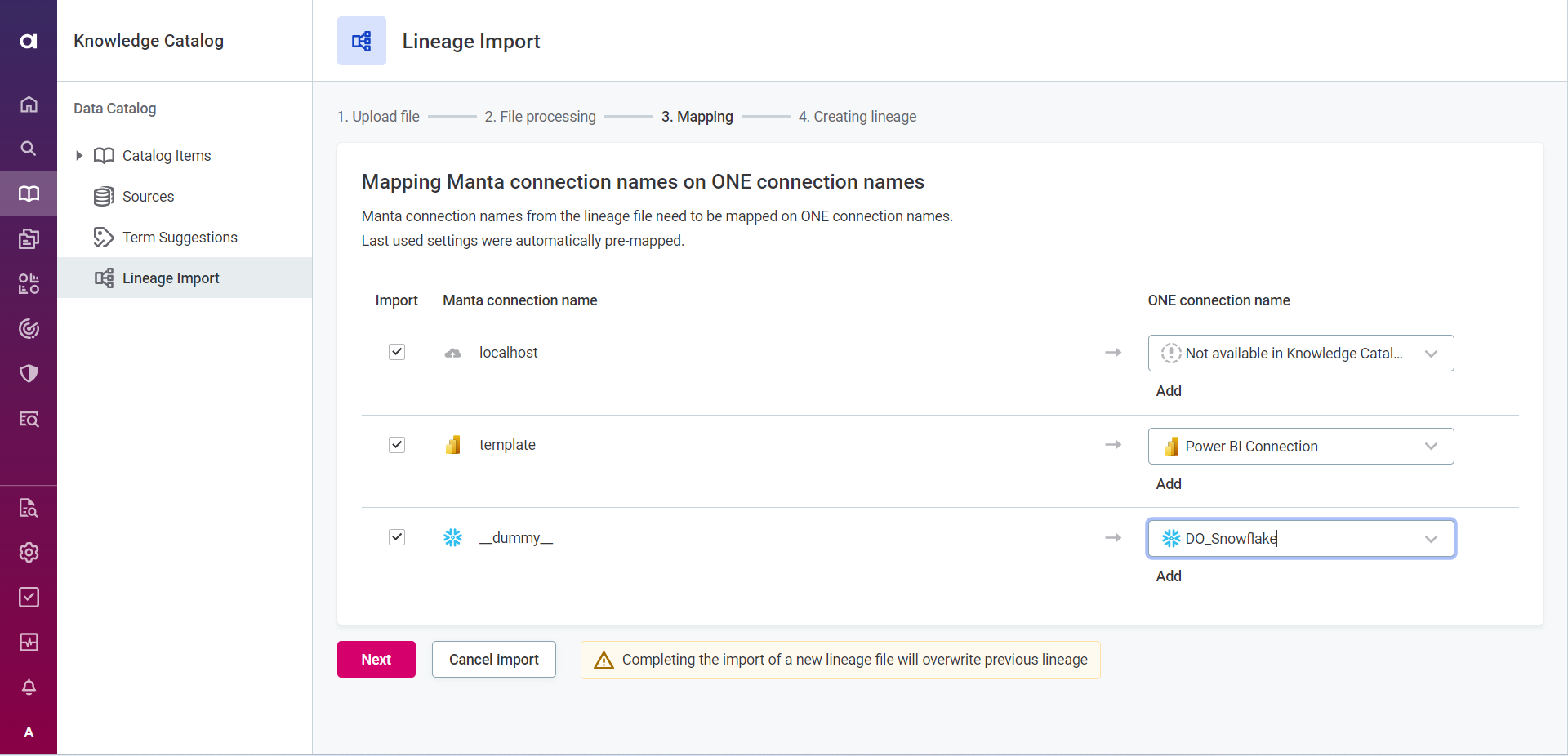 Map MANTA dictionaries to data source connections